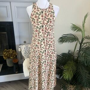 Vintage At Last Sleeveless Floral Midi Dress - Cream with Pink Floral M